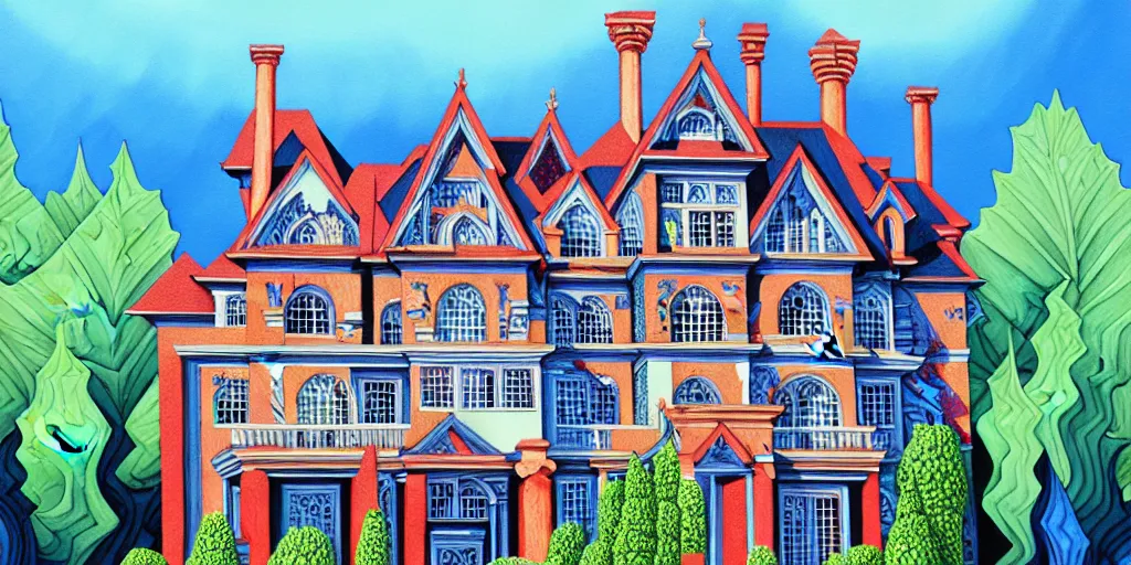 Image similar to Fractal mansion, detailed gouache painting