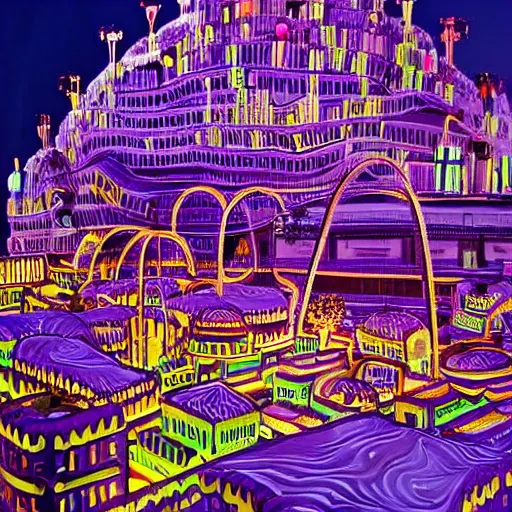 Prompt: The kinetic sculpture depicts a city made entirely out of kulich, a traditional Russian Easter bread. The city is bustling with activity, as people go about their day-to-day lives. The illustration is playful and whimsical, with a touch of magic. studio lighting, neon purple by Cindy Sherman chaotic