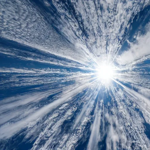 Image similar to pov without fisheye distortion of a giant looking down the earth from above the earth atmosphere