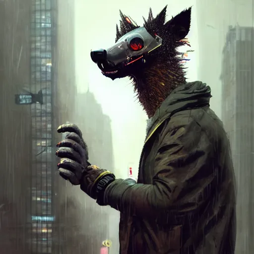 Image similar to new york city portrait of furry anthro anthropomorphic spotted hyena head animal person fursona wearing clothes strange cybernetic muzzle gloomy rainy screenshot from the video game cyberpunk 2077 digital art by Greg Rutkowski, Simon Stalenhag, christopher nolan trending on Artstation, CGSociety