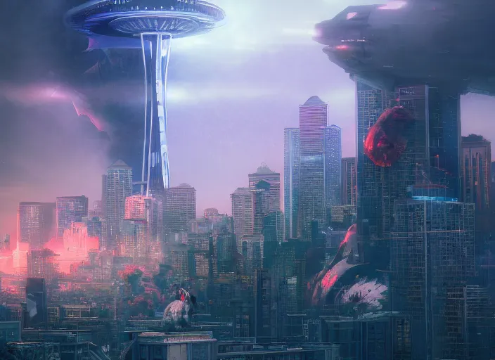 Prompt: seattle being attacked by a mega humanoid giant, by beeple and maciej kuciara and greg rutkowski