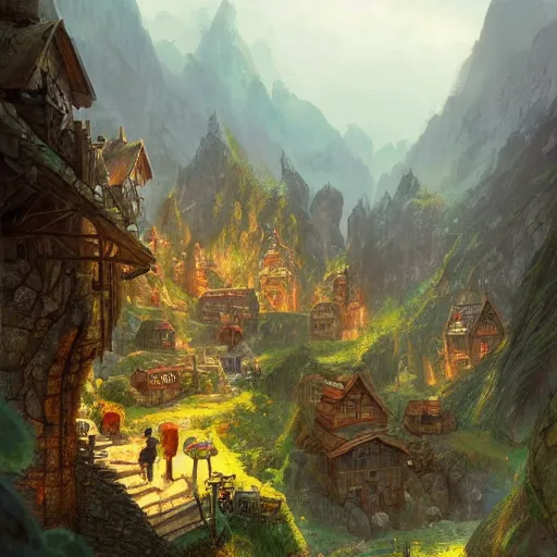 Image similar to beautiful fantasy landscape showing dwarven mining village in the mountains, by marc simonetti, anthony avon, nick gindraux, mark li, high quality, trending on artstation