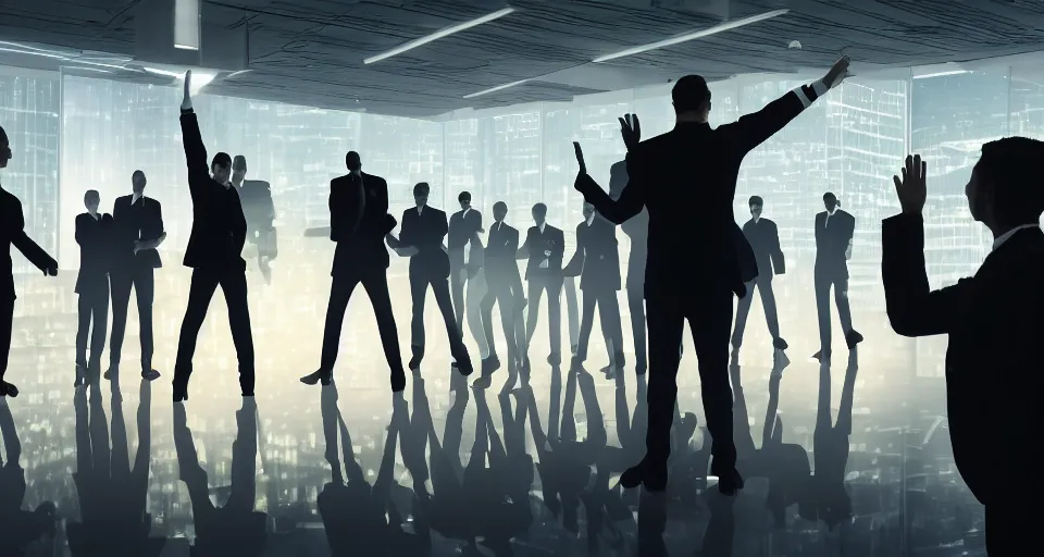 Image similar to Dramatic photo of a CEO waving goodbye to a group of silhouettes of his coworkers in a futuristic office. Golden coins are levitating all around them. 8k, high detail, trending on Artstation, volumetric lighting, cyberpunk