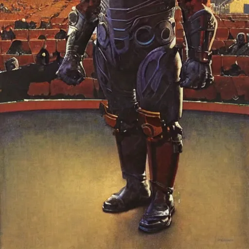 Image similar to style : norman rockwell. composition : close shot. style : digital art ; detailed ; dreamlike ; 4 k. scenery : a coliseum with lots of people in the stands. subject : darkseid, wearing full body armor.