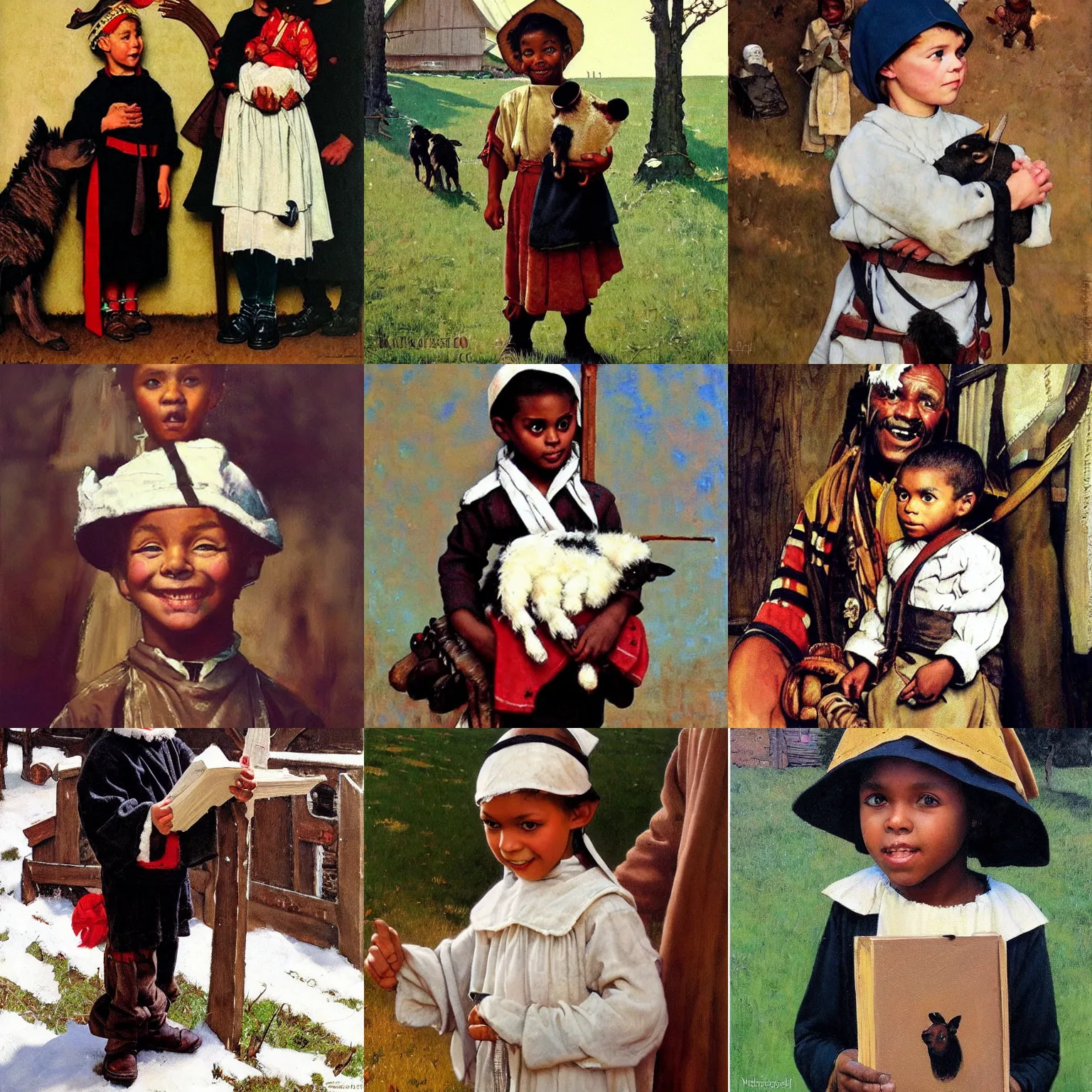 Prompt: single black child costumed as shepherd for a church nativity play, painting by norman rockwell, trending on artstation, amazing details