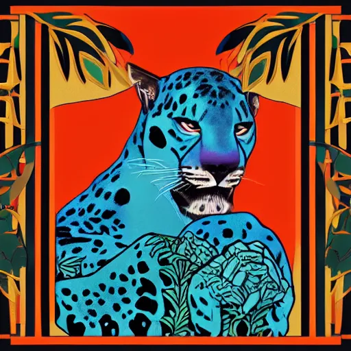 Image similar to god of nature, blue panther, in a style of mucha