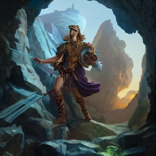 Prompt: hermes, greek god, male, cave, D&D, looking into cave, back to viewer, fantasy, intricate, elegant, highly detailed, digital painting, artstation, octane render, concept art, matte, sharp focus, illustration, hearthstone, art by Artgerm and Greg Rutkowski and Alphonse Mucha