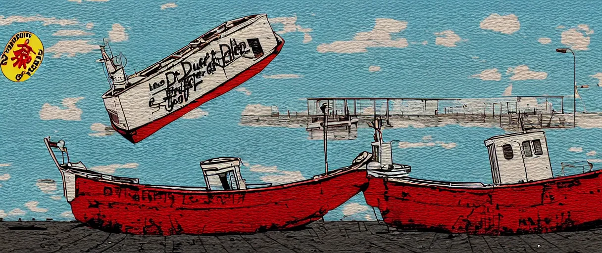 Image similar to a lone abandoned boat at dungeness, in the style of daniel johnston and outsider art, 8 k, line brush, overlaid with chinese adverts