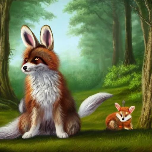 Prompt: cute fluffy hybrid animal cross between fox, raccoon, and lop eared bunny rabbit sitting in a forest landscape detailed painting 4 k