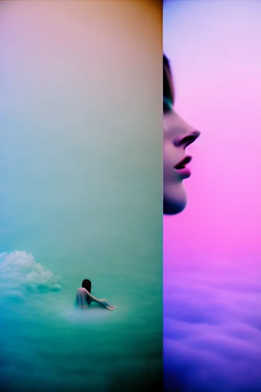 Image similar to high quality pastel coloured film close up wide angle photograph of a model wearing clothing swimming on cloud furniture in a icelandic black rock!! environment in a partially haze filled dreamstate world. three point light, rainbow. photographic production. art directed. pastel colours. volumetric clouds. pastel gradient overlay. waves glitch artefacts. extreme facial clarity. 8 k. filmic.