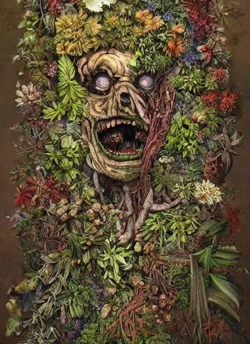 Prompt: a hyper detailed fine painting of a monster made of woods herbs flowers and plants, weird bizzar art, horror tribal surrealism