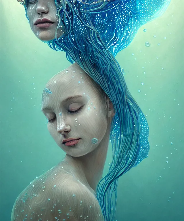 Image similar to underwater portrait of a goddess mermaid with (reaction diffusion) scaled fish skin Bioluminescent phoenix jellyfish, energy rays, Her breath shot a haze of steam out into the frosty morning air concept, soft light, soft mood, realistic body features and face, illustration,intricate ornament halo, painting oil on canvas by Elena Zhurikhina and Goro Fujita and Charlie Bowater, octane render trending on artstation, 4k, 8k, HD