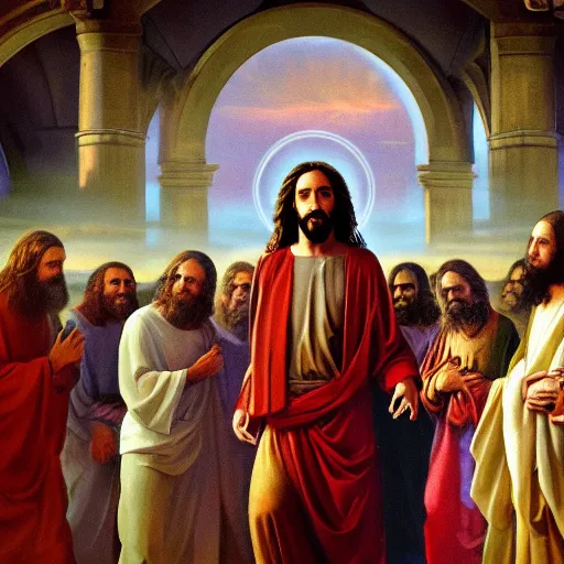 Image similar to A masterpiece ultrarealistic ultradetailed photo of Jesus Christ with his apostles, 4k. cinematic, dramatic