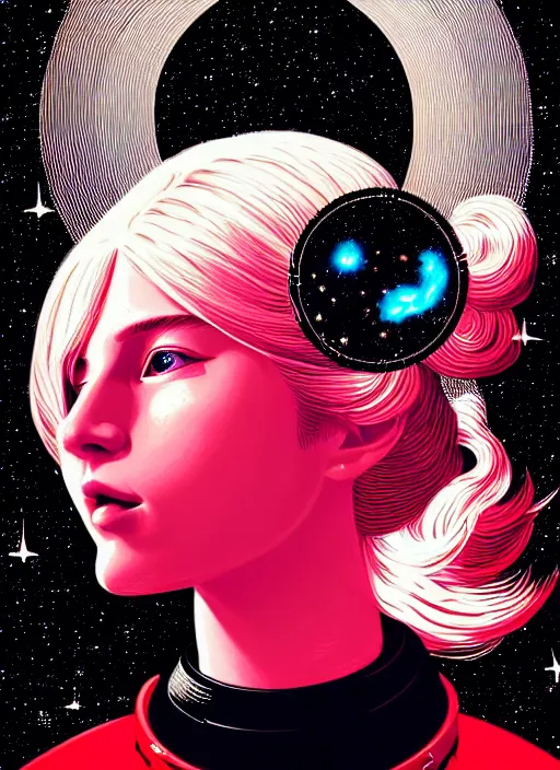 Prompt: highly detailed portrait of a hopeful pretty astronaut lady with a wavy blonde hair, by Casey Weldon, 4k resolution, nier:automata inspired, bravely default inspired, vibrant but dreary but upflifting red, black and white color scheme!!! ((Space nebula background))