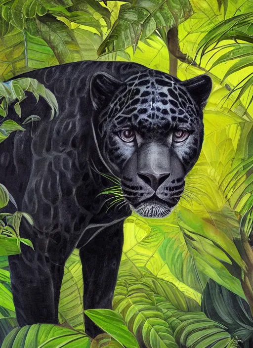 Image similar to a beautiful painting portrait of a black jaguar surrounded by the leaves of the jungle, highly detailed close up, fantasy art, matte painting