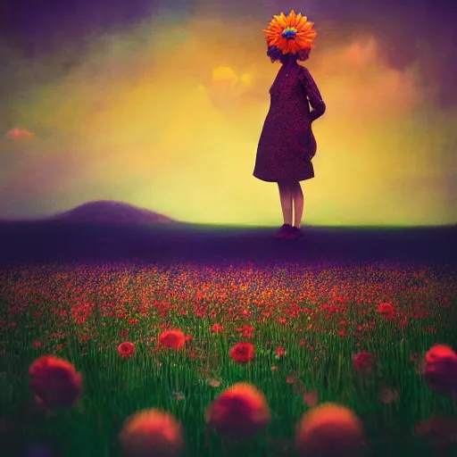 Image similar to woman with a flower face standing in flower field, surreal photography, photo manipulation, sunrise, impressionism, colorful clouds, artstation, simon stalenhag