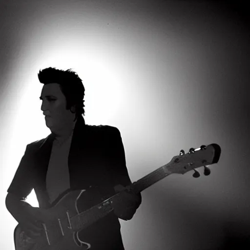 Prompt: a still of Elvis silhouette backstage waiting to play. God rays through, fog.