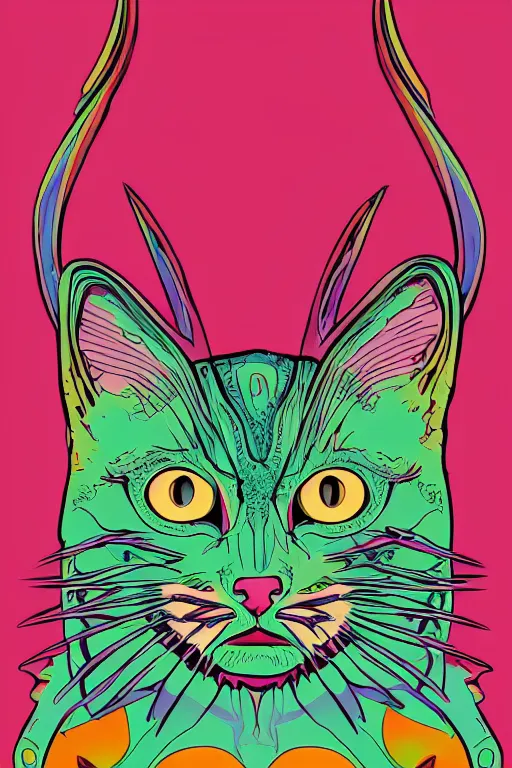 Image similar to demon cat, art by brian miller, sticker, colorful, illustration, highly detailed, simple, smooth and clean vector curves, no jagged lines, vector art, smooth