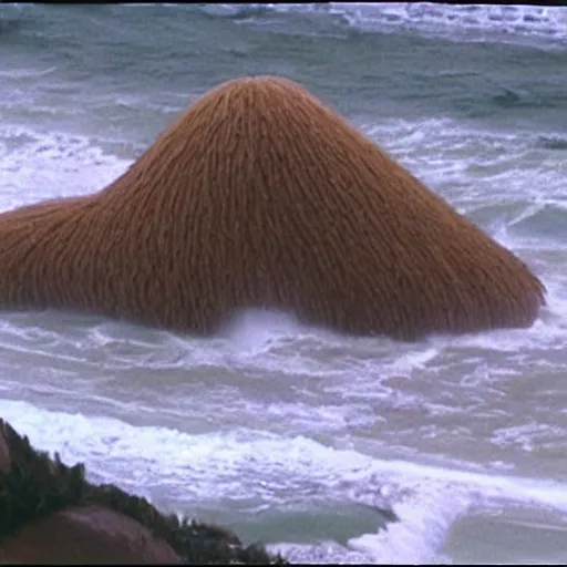 Image similar to cnn news footage of giant donald stump, blond hair being washed up on shore, view from above, tv