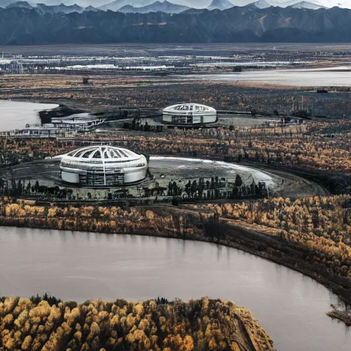 Prompt: sci fi nuclear containment buildings in an expansive river valley with a city in the distance, a sense of hope and optimism, birds overhead, stark light, day time, unsplash, national geographic, hd, high res