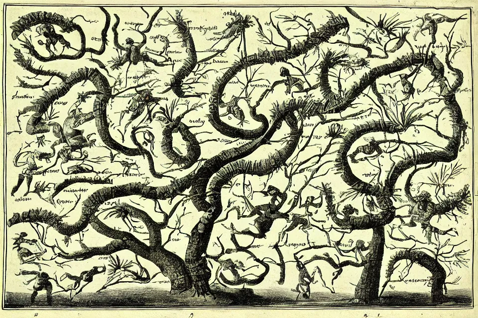 Image similar to detailed 18th century illustration of the evolutionary tree of fighter