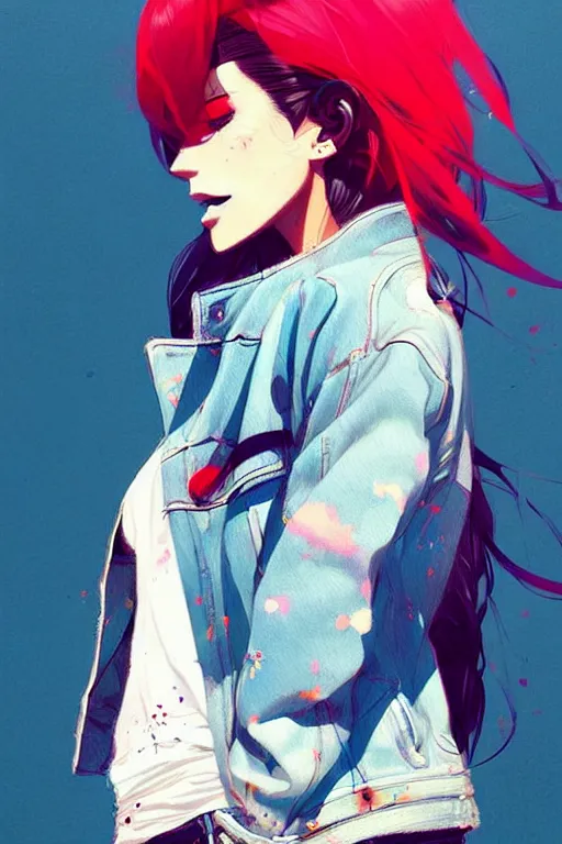 Image similar to a ultradetailed beautiful painting of a stylish woman in a denim jacket and shorts, by conrad roset, greg rutkowski and makoto shinkai trending on artstation