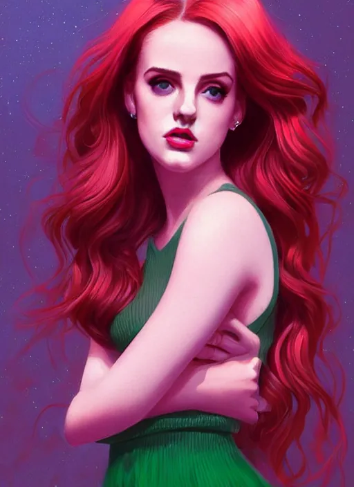 Image similar to full body portrait of teenage cheryl blossom, bangs, green eyes, sultry expression, red hair, sultry smirk, bangs and wavy hair, pink skirt, bangs, intricate, elegant, glowing lights, highly detailed, digital painting, artstation, concept art, smooth, sharp focus, illustration, art by wlop, mars ravelo and greg rutkowski