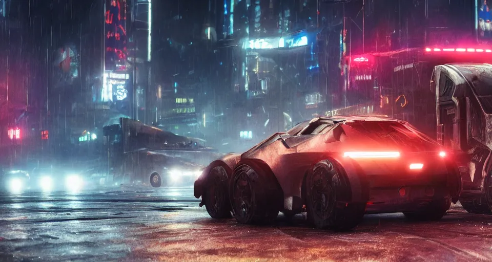 Image similar to closeup photo of combat tesla cybertruck driving on wet dystopian cyberpunk city streets at night, mad max, action, speed, volumetric lighting, hdr, need for speed, gta 5, forza, ridley scott, makoto shinkai, syd mead, craig mullins, cinematic, fast and furious, blade runner, octane, 8 k, iso 1 0 0, 1 2 mm