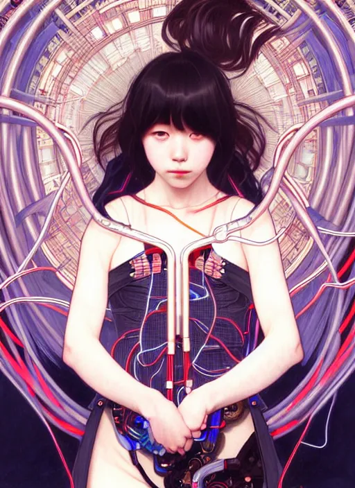 Image similar to hashimoto kanna as a absurdly beautiful cyborg, graceful, sophisticated, complex wiring and circuits, tarot card, highly detailed, digital painting, sharp focus, ultra realistic, 8 k, art by artgerm, alphonse mucha,