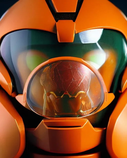 Image similar to helmet portrait of a figurine of samus aran's varia power suit from the sci - fi nintendo videogame metroid. designed by hiroji kiyotake, gene kohler and rodney brunet. metroid zero mission. metroid prime. glossy. red round helmet, orange shoulder pads, green visor. shallow depth of field. suit of armor.