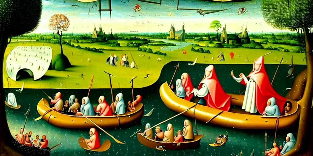 Image similar to A very detailed painting in the style of Hieronim Bosch featuring a river in Europe surrounded by trees and fields. A rubber dinghy is slowly moving through the water. Sun is shining