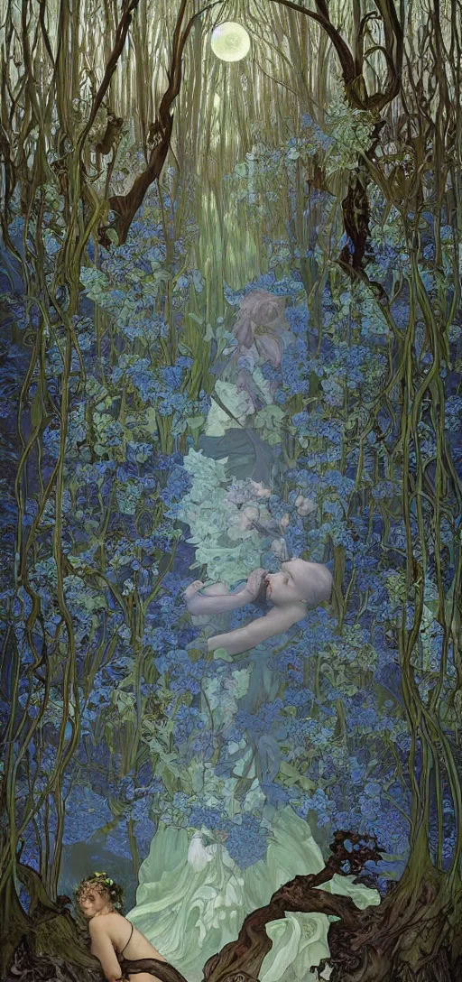 Prompt: painterly dreamy Kupala Night in the blue forest with trees which have eyes, giant flowers, glowing owls, deers, lianas, thistles, giant fantasy creatures, a stream and sky with moon and stars by Alphonse Mucha, Artgerm, Alex Grey, Aron Wiesenfeld and Giger dark fantasy, witcher, very detailed oil painting in the alla prima style, masterpiece, 8k