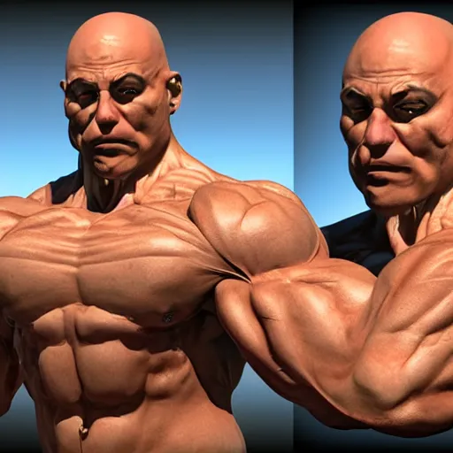 Image similar to extremely muscular bald man, small legs, exaggerated arms, 3 d model, gladiator, small head.