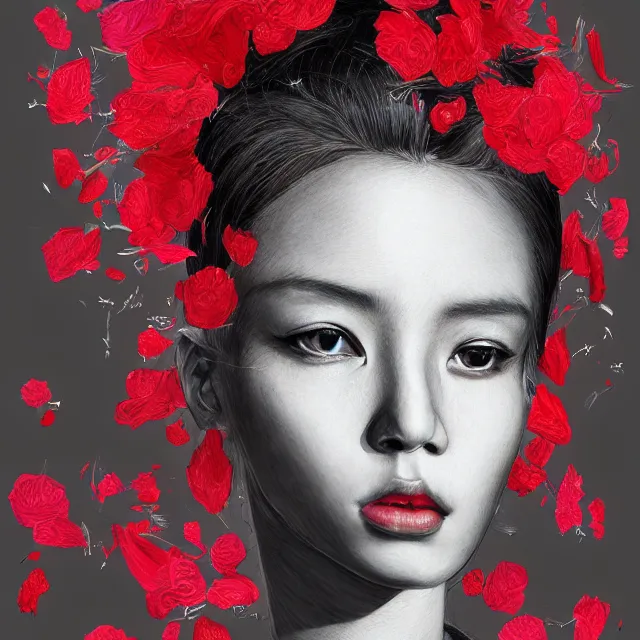 Prompt: studio portrait absurdly beautiful, elegant, graceful, young hypercolorful contrast black gravure idol rubies and red petals, ultrafine hyperrealistic detailed face illustration by kim jung gi, irakli nadar, intricate linework, sharp focus, bright colors, matte, octopath traveler, final fantasy, unreal engine highly rendered, global illumination, radiant light, intricate environment