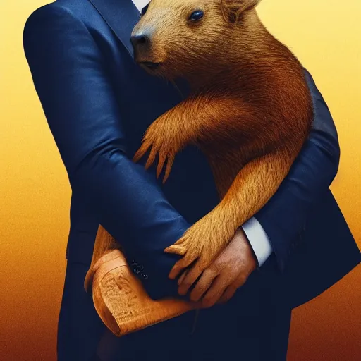 Image similar to john wick hugging a capybara