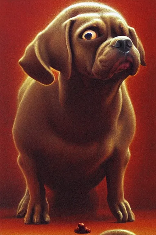 Image similar to painting of a very cute dog consisting entirely of british baked beans, dog is made of baked beans, baked bean skin texture, by zdzislaw beksinski, by dariusz zawadzki, by wayne barlowe, gothic, surrealism, cosmic horror, lovecraftian, cold hue's, warm tone gradient background, concept art, beautiful composition