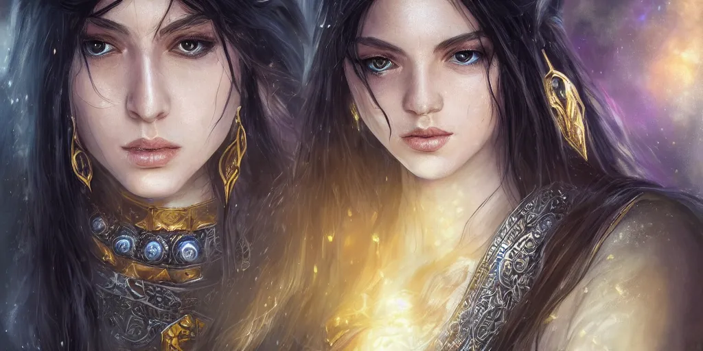 Image similar to portrait of a young beautiful priestess with long black hair weavering golden strings of magic, barroque painting, ultra realistic. cinematic, dynamic. magic the gathering style. epic fantasy, insanely detailed, 4k, symmetrical face, rpg character reference. gourgeous.