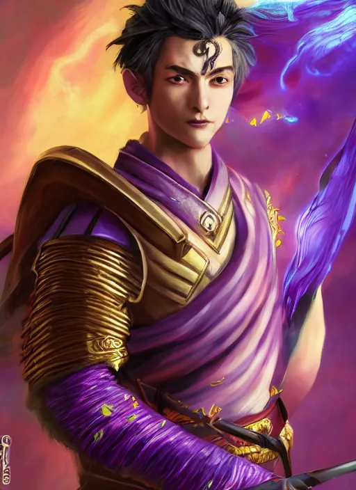 Image similar to An epic fantasy comic book style portrait painting of young man with straight indigo hair, purple eyes with red eye markers, slim body, wearing a detailed Japanese kimono with golden armor pieces, holding a japanese fan. Unreal 5, DAZ, hyperrealistic, octane render, cosplay, RPG portrait, dynamic lighting
