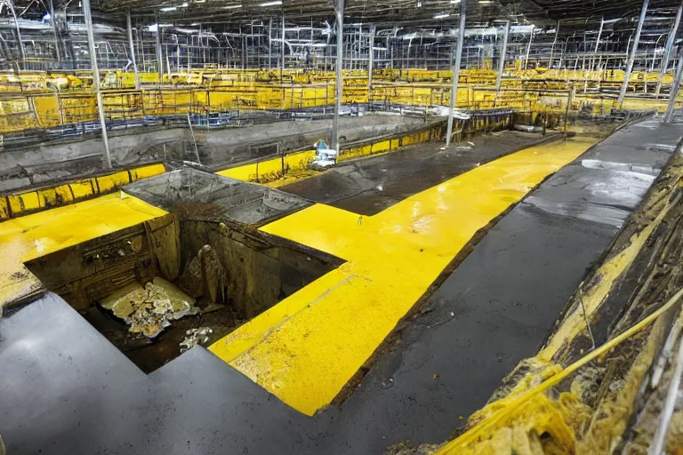 Image similar to photo of a waste facility, catwalks and yellow pools of sludge