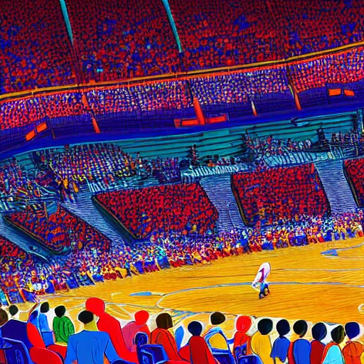 Prompt: a filled sports arena watching a basketball game, digital art, colorful, detailed, cheering