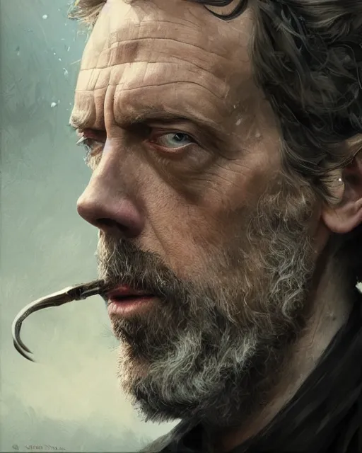 Image similar to hugh laurie, hyper realistic face, beautiful eyes, fantasy art, in the style of greg rutkowski, intricate, hyper detailed, smooth