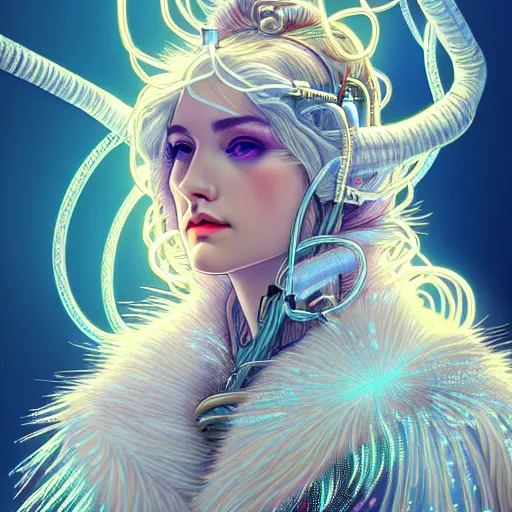 Image similar to high quality, high detailed portrait of a snow queen cyberpunk character in a futuristic world, hyperrealism, intricate details, cables, wires, connectors, led. alphonse mucha, pastel colors, vintage, artstation, vector. 8 k