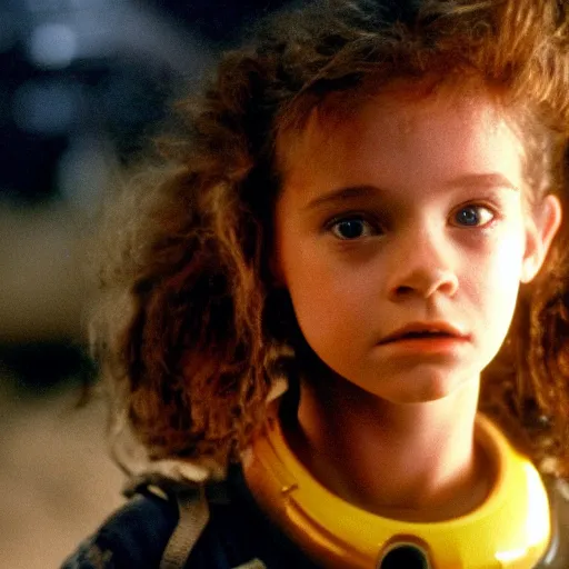 Image similar to the girl newt from the 1 9 8 6 movie aliens stands on the moon wearing gold foil. cinematic 8 k, depth of field, bokeh.