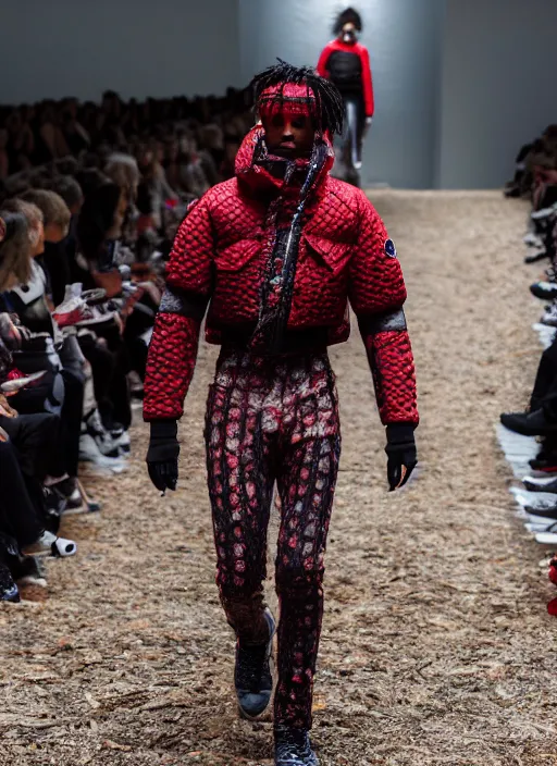Image similar to hyperrealistic and heavy detailed moncler runway show of whole lotta red by playboi carti, leica sl 2 5 0 mm, vivid color, high quality, high textured, real life