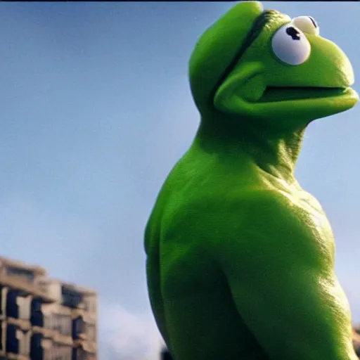 Prompt: a film still of kermit the frog as the hulk in the new avengers movie, realistic action movie, 4 k