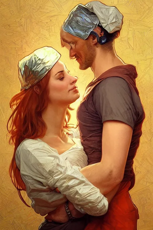 Image similar to portrait of a man in tin - foil hat and orange t - shirt hugging his wife in a bed, feelings, romantic, fantasy, intricate, elegant, highly detailed, digital painting, artstation, concept art, smooth, sharp focus, illustration, art by artgerm and greg rutkowski and alphonse mucha