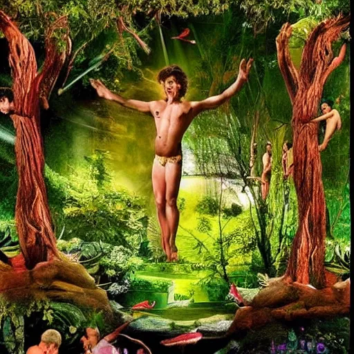 Prompt: Award Winning Photo of Illusion Mirror Scene in garden of Eden -4