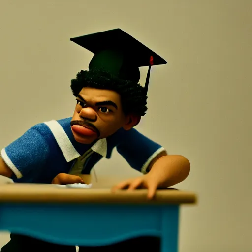 Image similar to a cinematic film still of a claymation stop motion film starring chance the rapper as a college student, shallow depth of field, 8 0 mm, f 1. 8