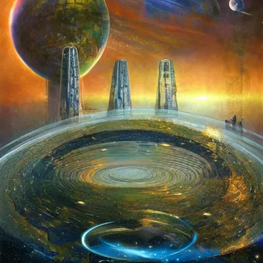 Prompt: soaring towers and bridges, under outer world jungles and lakes, planet with rings afar on horizon, art by Dmitry Dubinsky