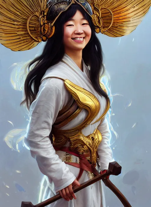 Prompt: Close-up portrait of smiling young asian woman wearing a winged helmet and a robe, holding a magic staff, portrait, highly detailed, digital painting, artstation, concept art, sharp focus, illustration, art by artgerm and greg rutkowski and alphonse mucha